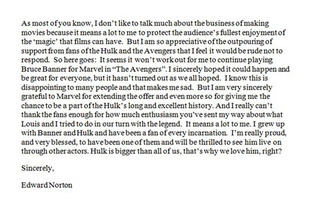 Illustration for article titled Edward Norton issues statement on The Avengers, confounds the "Edward Norton is sort of a dick" theory